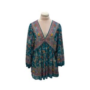 ROSE + OLIVE Teal Floral Sheer Chiffon Babydoll Top SMALL Fairy Boho Festival